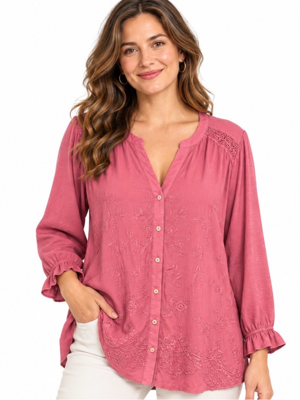 Democracy Rose Pink Embroidered Henley Blouse Plus Size 2X Ruffle Sleeve Boho